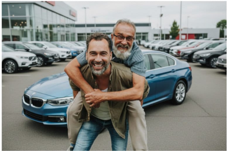 Father and Son with New Car